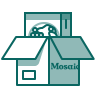 Icon of a box with 'Mosaic' branding on a white background