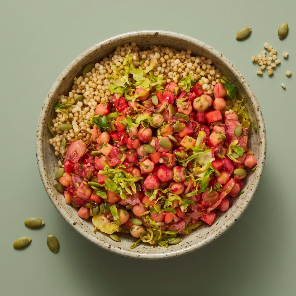 Low Sodium Beet Glow Bowl with couscous, chickpeas, roasted beets, shredded greens, and pumpkin seeds.