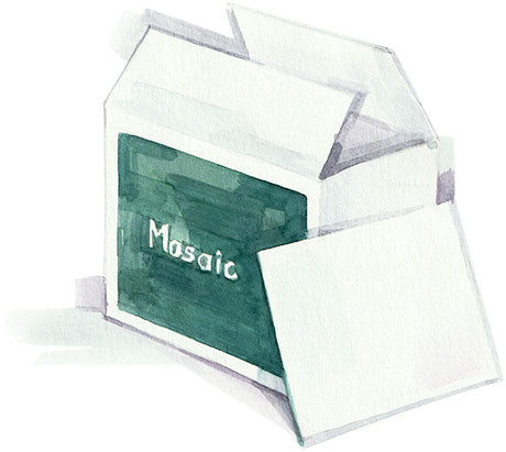 A watercolor image of Mosaic packaging